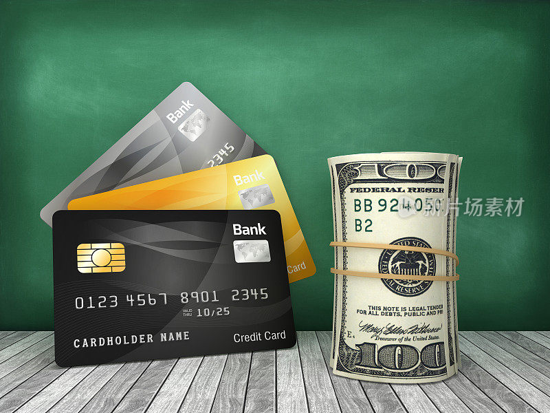 信用卡与美元钱滚动在黑板上- 3D渲染